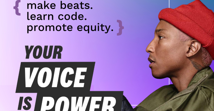 Entertainer Pharrell in profile promoting Your Voice is Power
